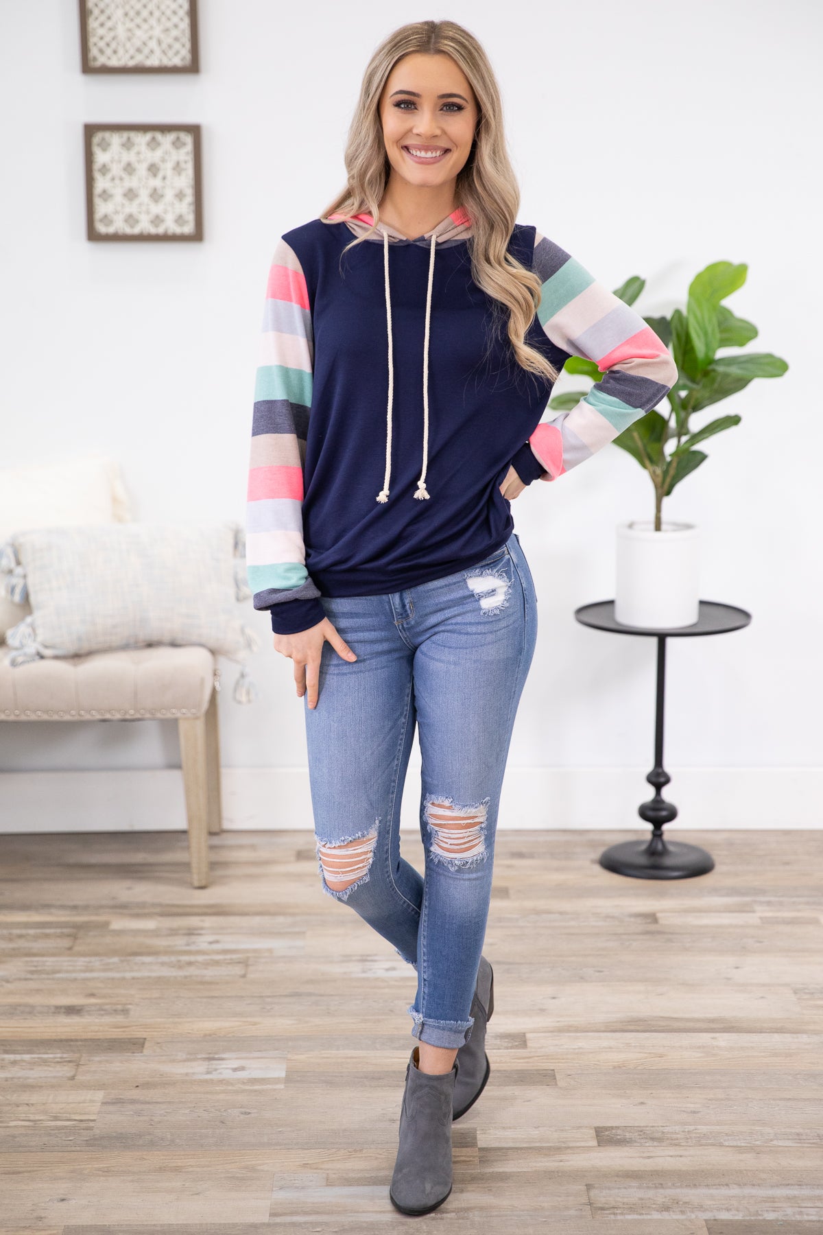 Navy Multicolor Sleeve Hooded Top - Filly Flair