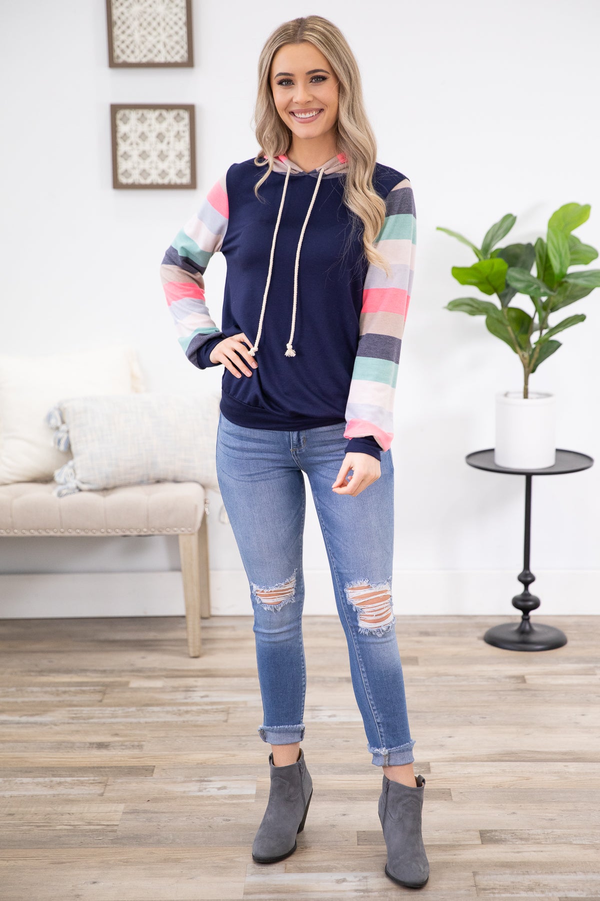Navy Multicolor Sleeve Hooded Top - Filly Flair