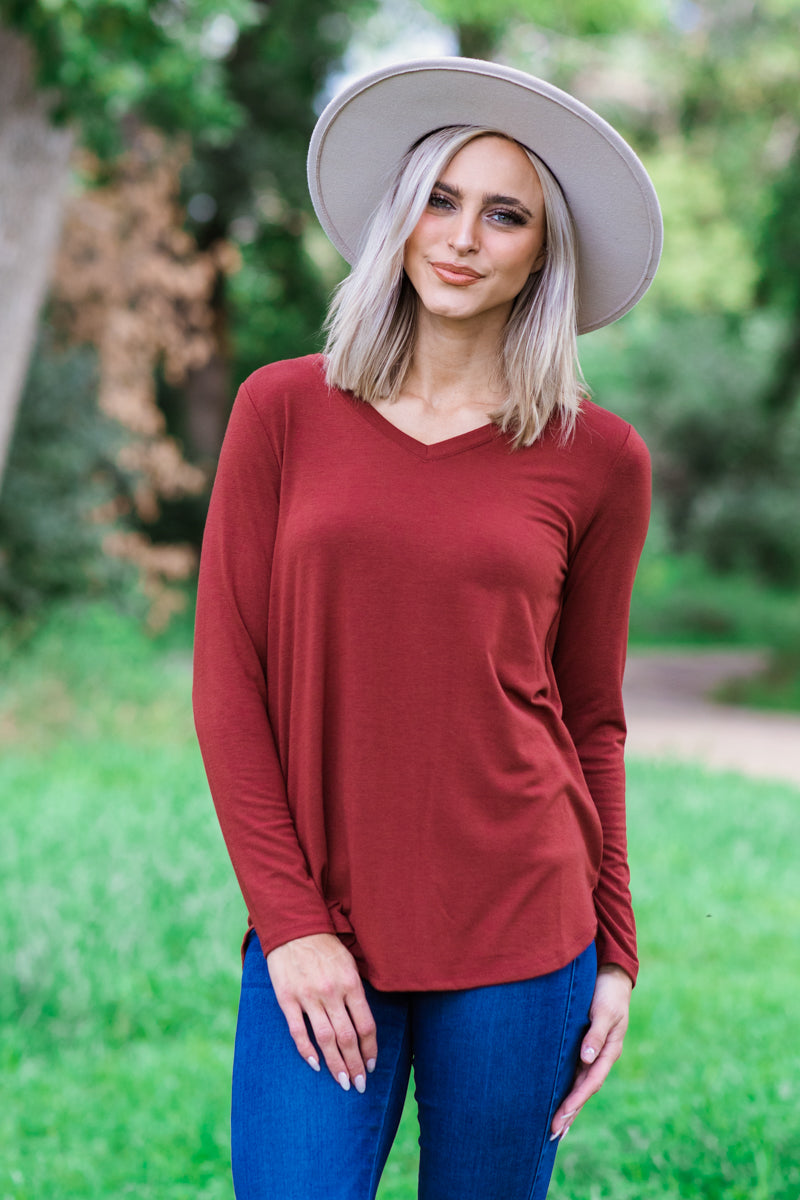 Rust V-Neck Long Sleeve Top - Filly Flair