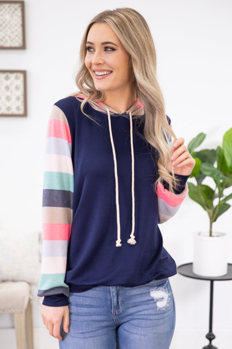 Navy Multicolor Sleeve Hooded Top - Filly Flair