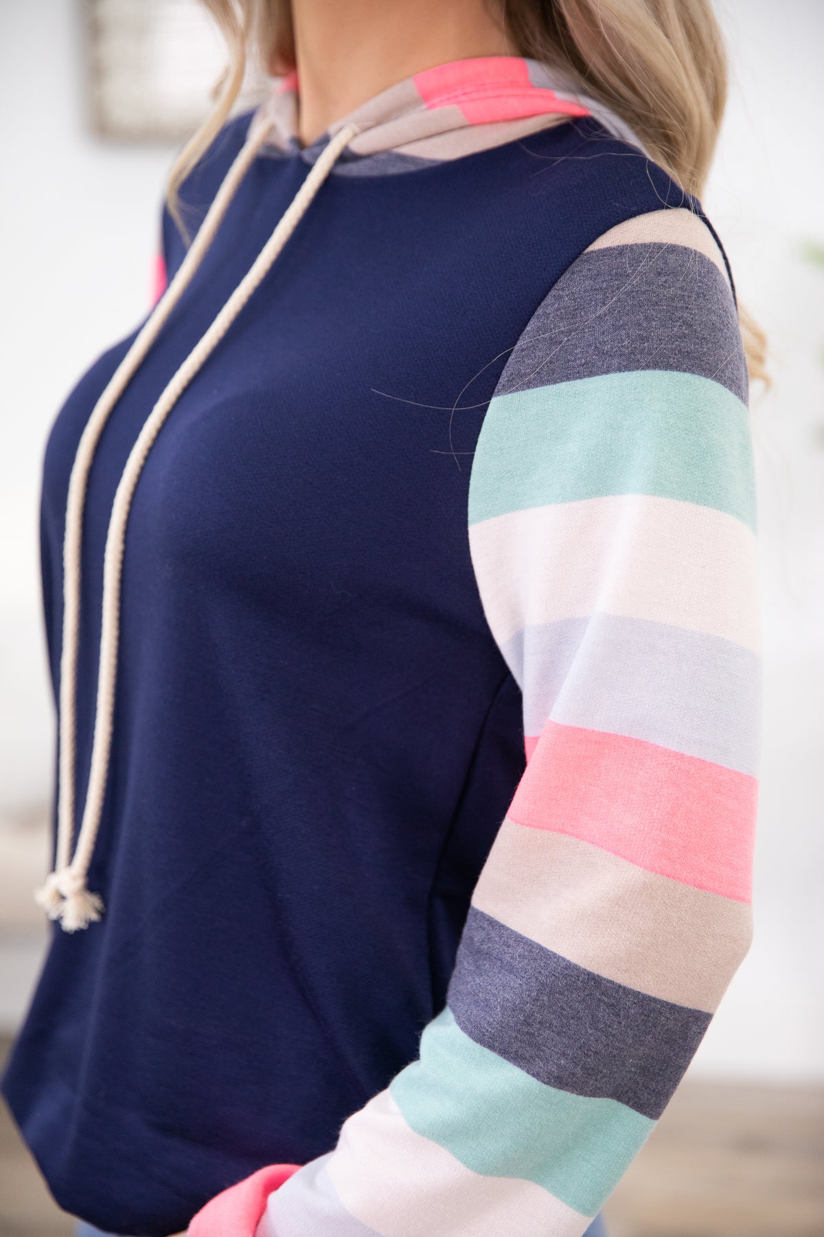 Navy Multicolor Sleeve Hooded Top - Filly Flair