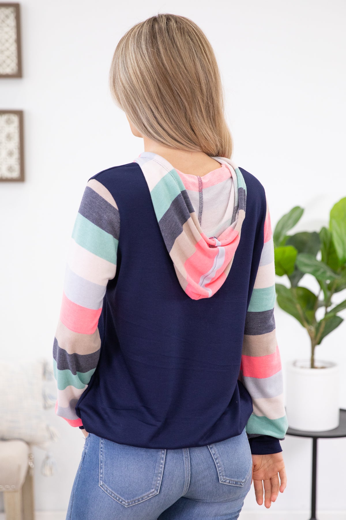 Navy Multicolor Sleeve Hooded Top - Filly Flair