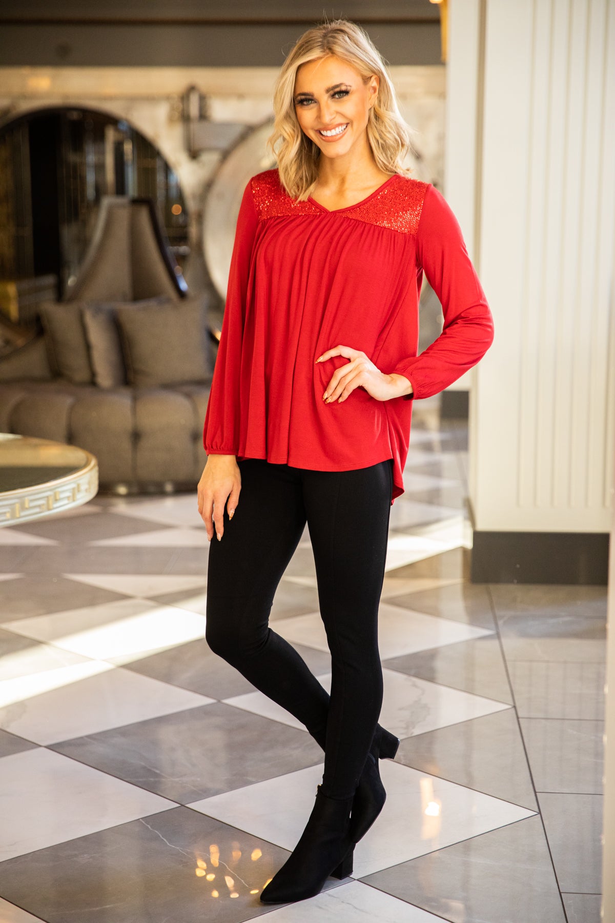 Red Sequin Yoke Long Sleeve Top - Filly Flair