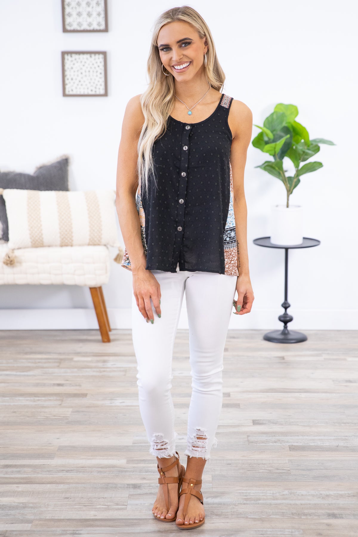 Black Tank with Floral Patchwork Print Back - Filly Flair