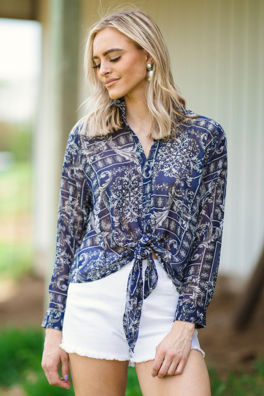 Navy Paisley Tie Front Button Up Top - Filly Flair
