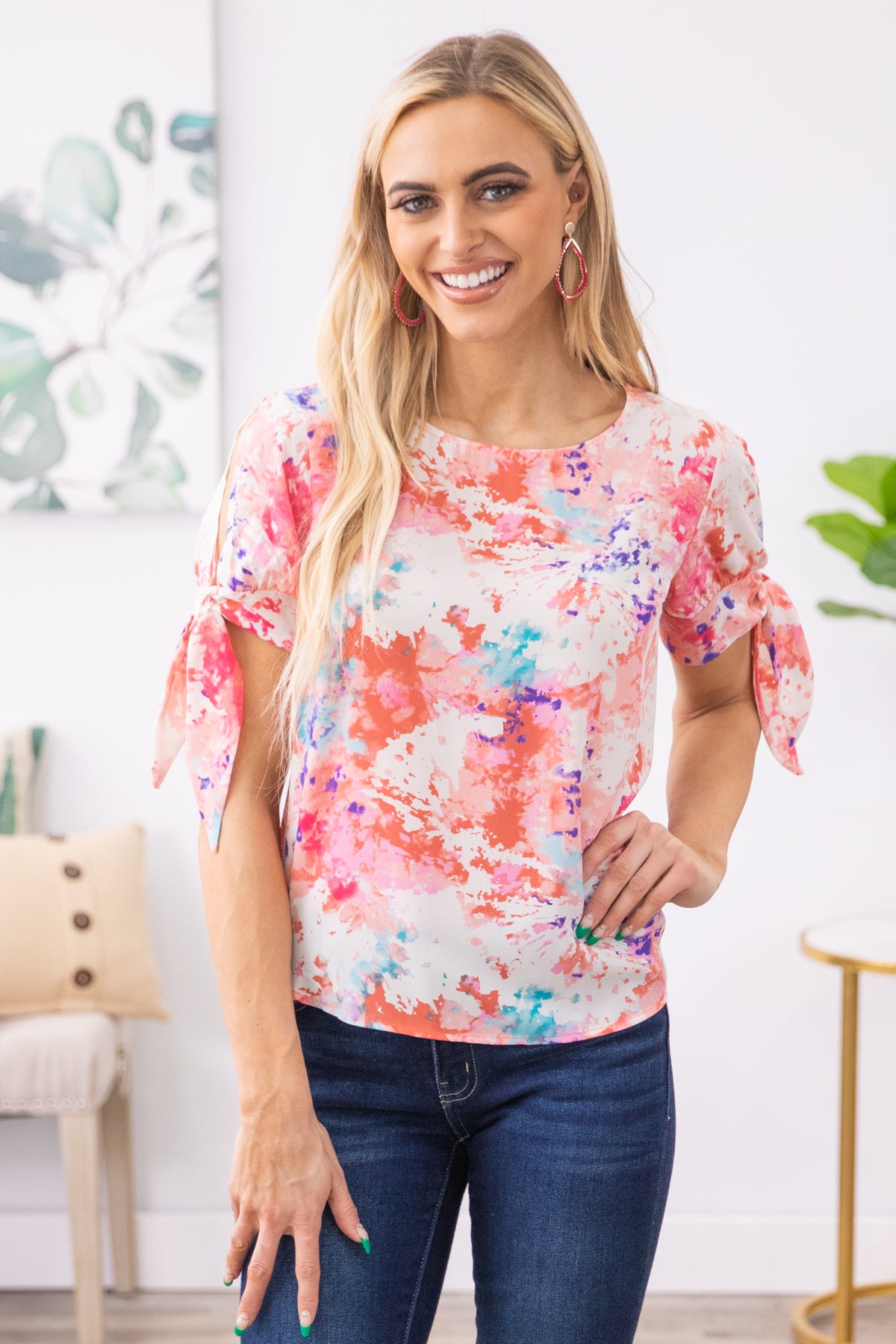 Pink and Coral Floral Print Tie Sleeve Top - Filly Flair