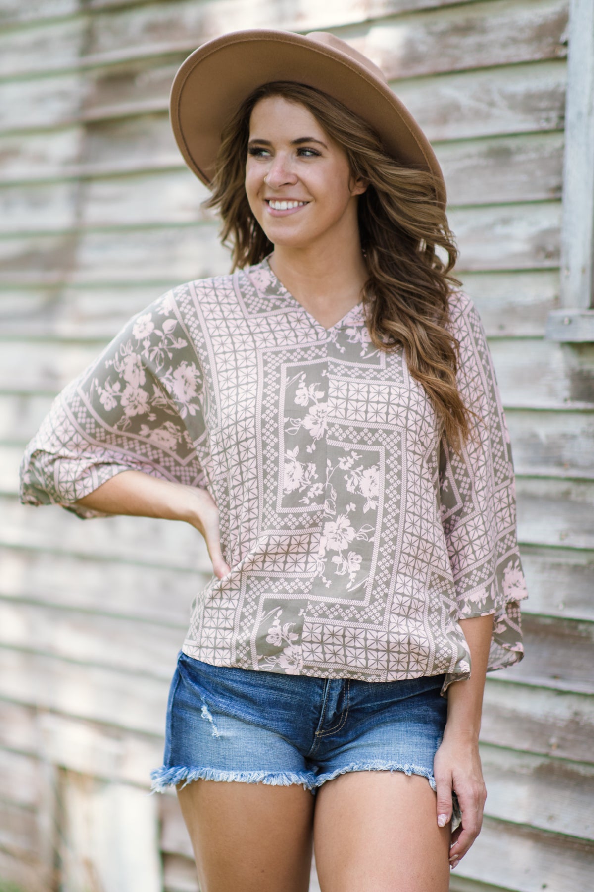 Sage and Blush Floral Geometric Print Top - Filly Flair