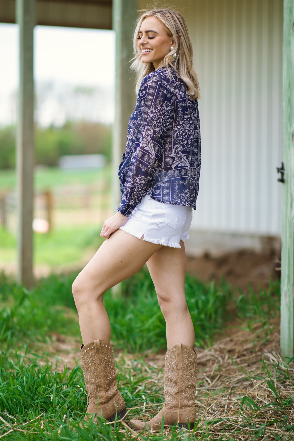 Navy Paisley Tie Front Button Up Top - Filly Flair