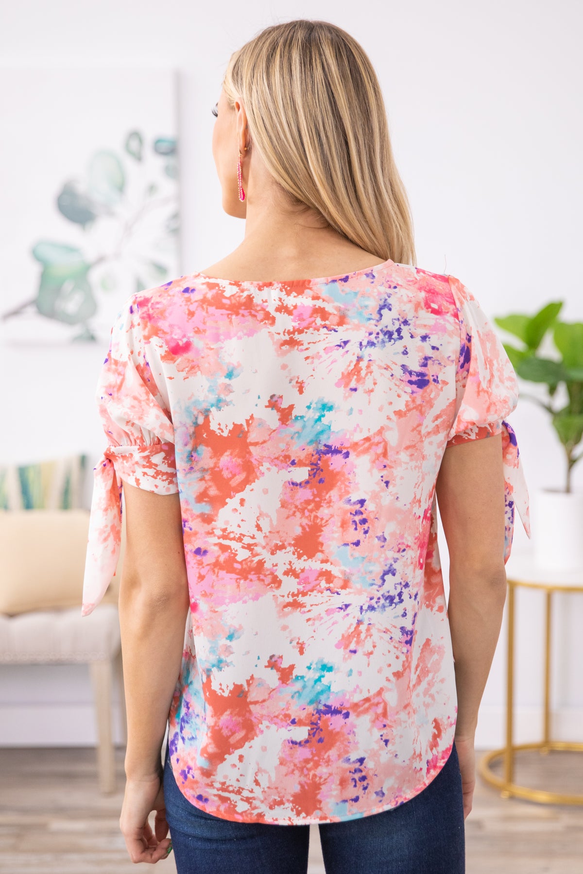 Pink and Coral Floral Print Tie Sleeve Top - Filly Flair
