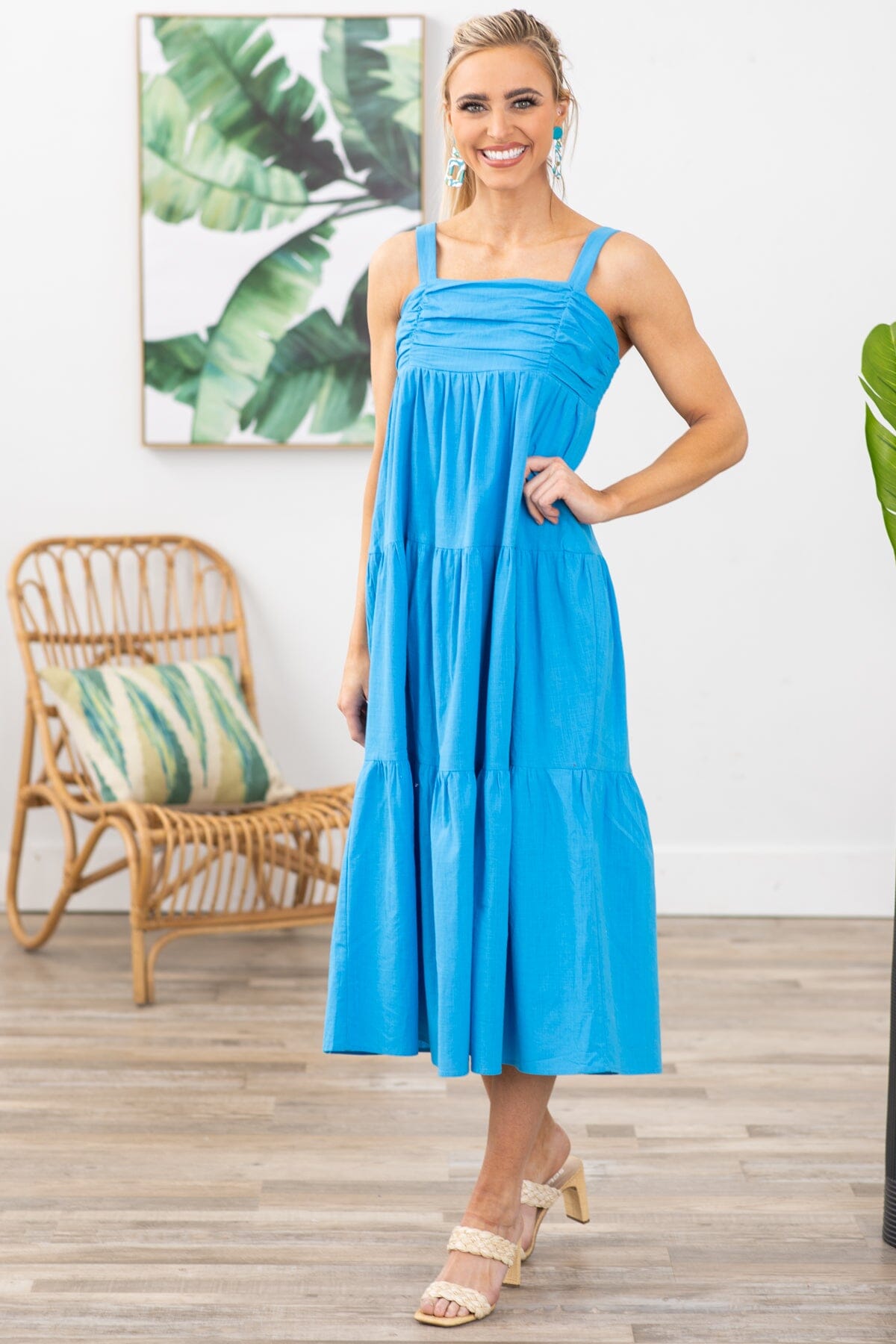 Blue Ruched Bodice Midi Dress - Filly Flair