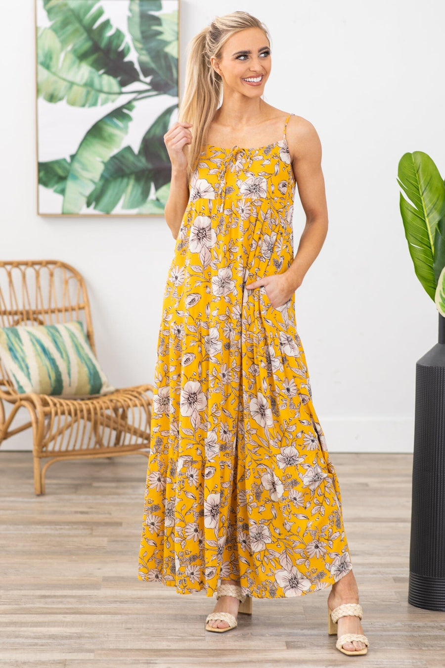 Mustard Floral Print Maxi Dress - Filly Flair