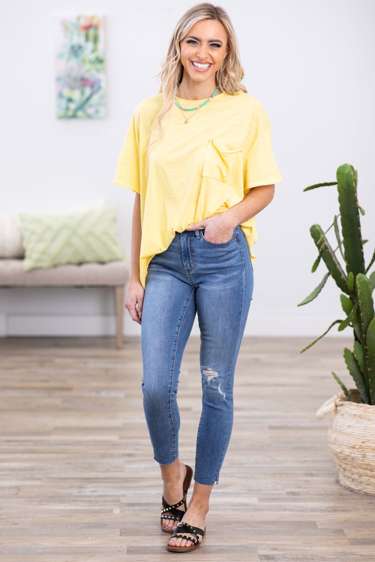 Yellow Burnout Raw Edge Top With Pocket - Filly Flair
