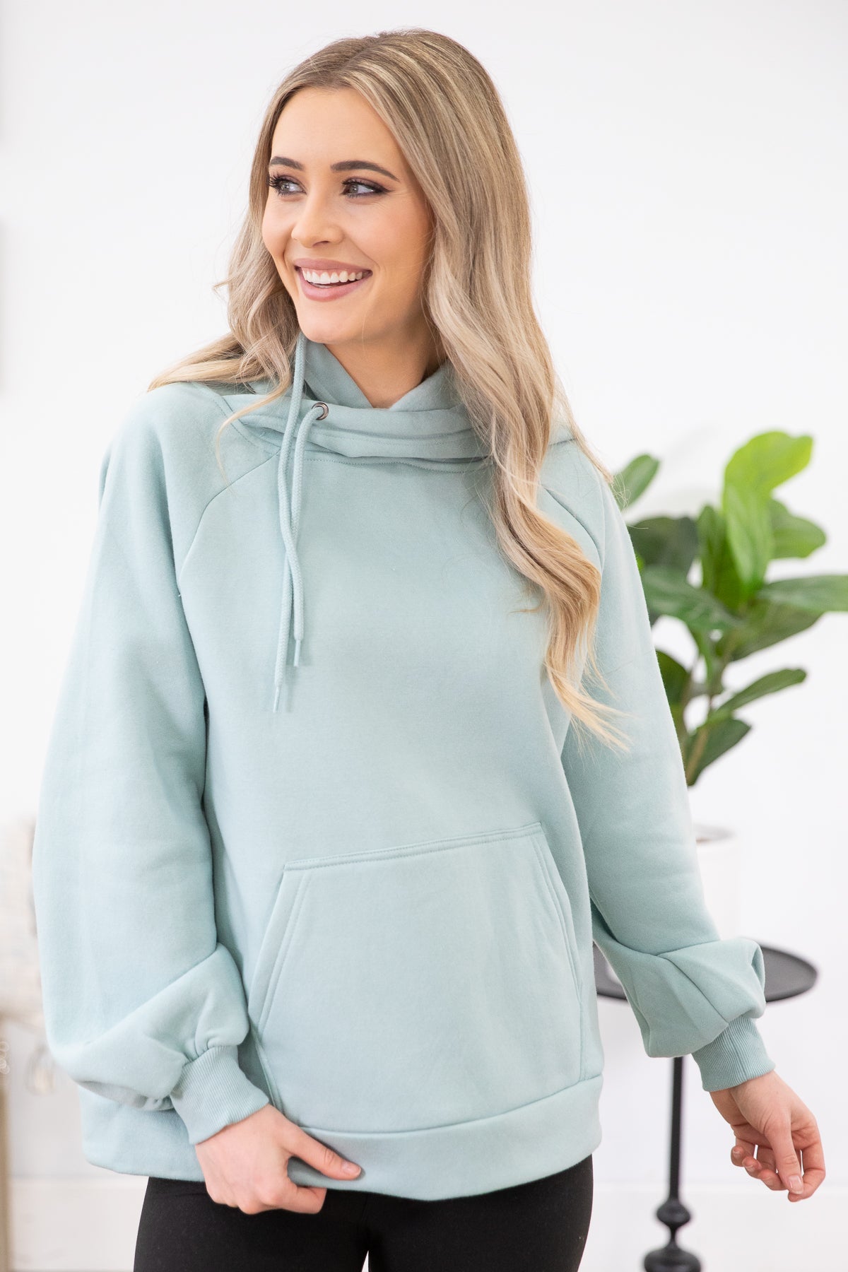 Aqua Cowl Neck Sweatshirt with Kangaroo Pocket - Filly Flair