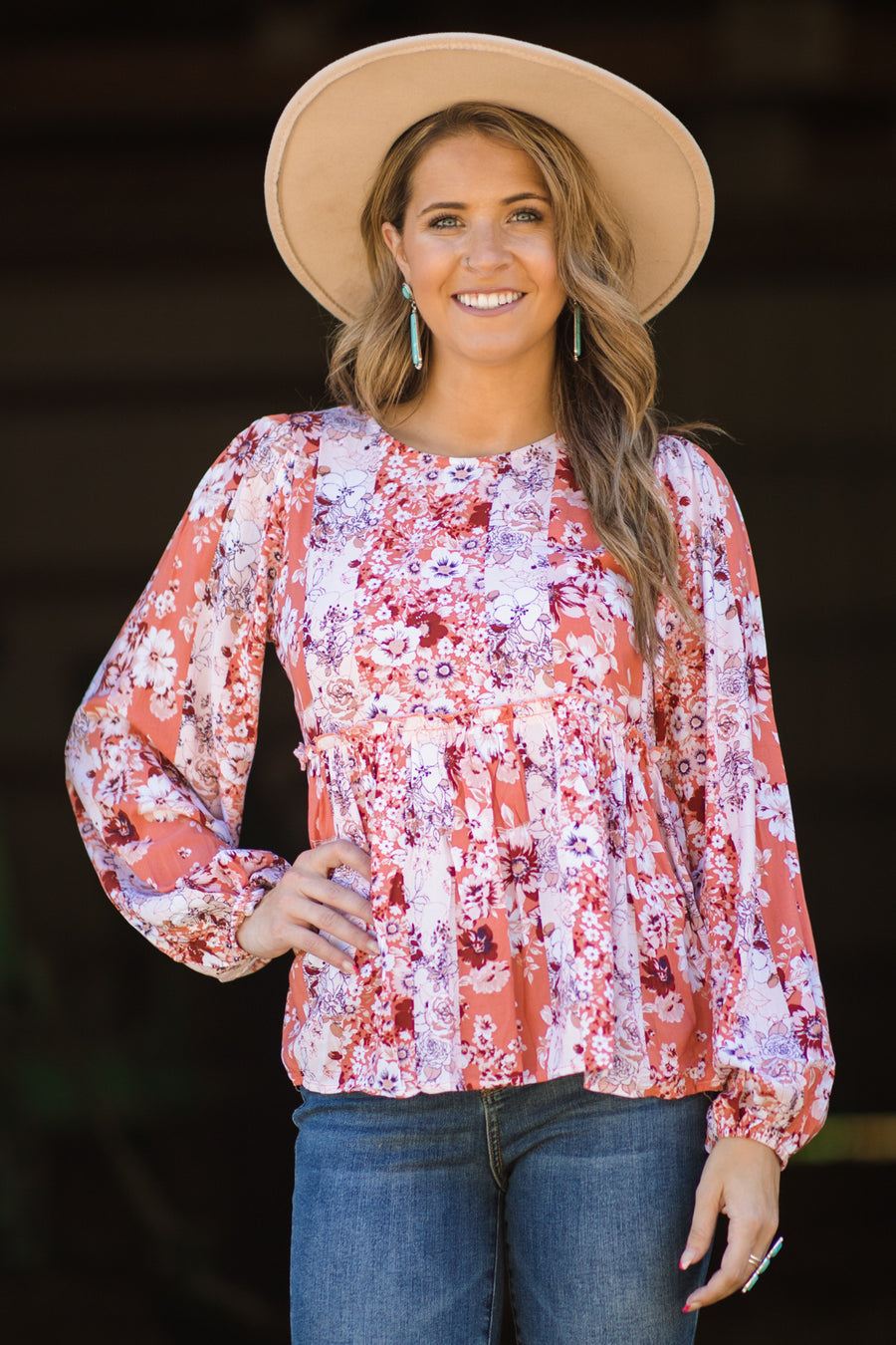 Salmon Floral Print Babydoll Top - Filly Flair
