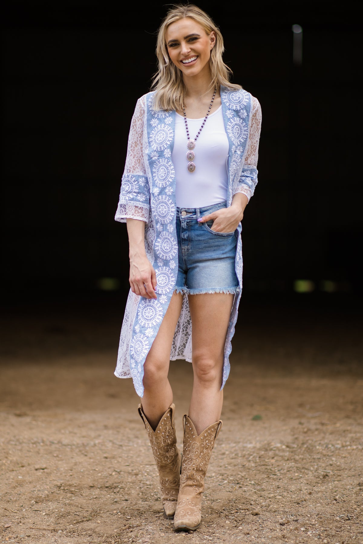 White and Pastel Blue Lace Sleeve Cardigan - Filly Flair