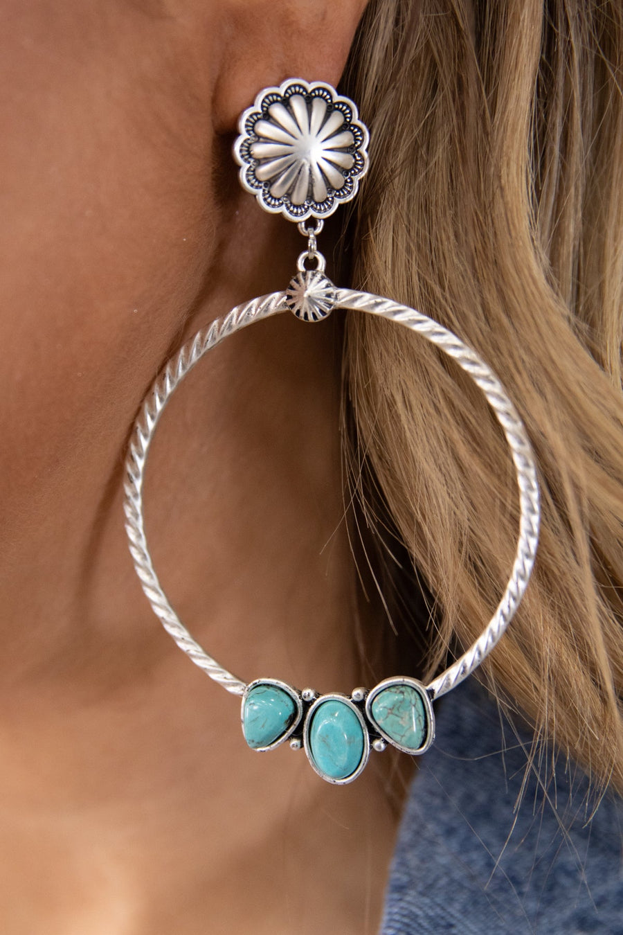 Silver and Turquoise Etched Stud Hoop Earrings - Filly Flair