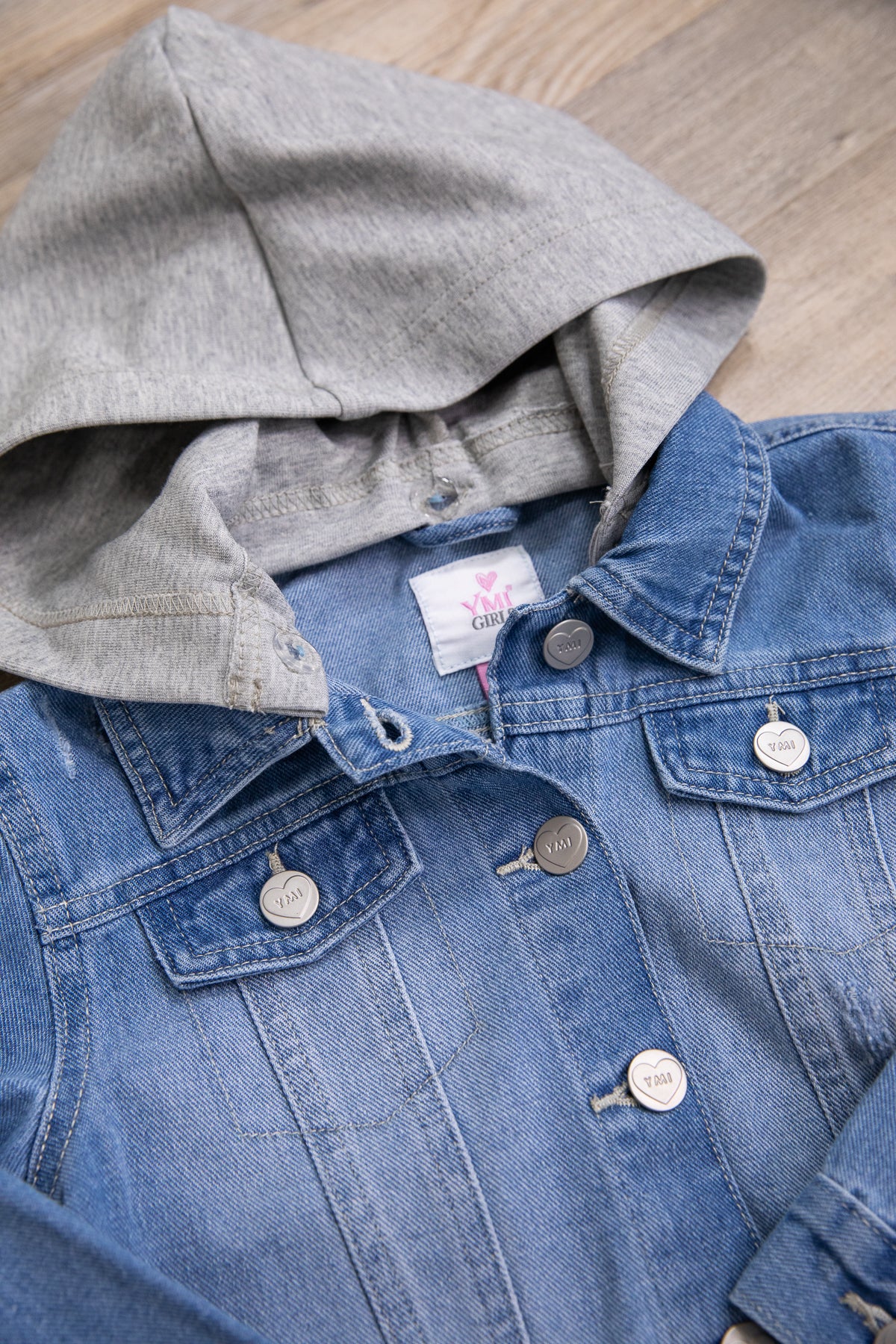 YMI Kids Medium Wash Denim Jacket with Hood - Filly Flair