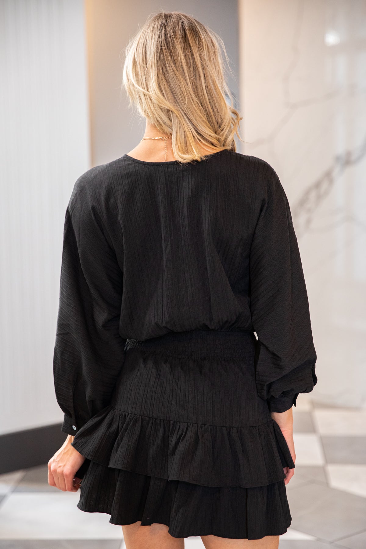 Black Smocked Waist Long Sleeve Dress - Filly Flair