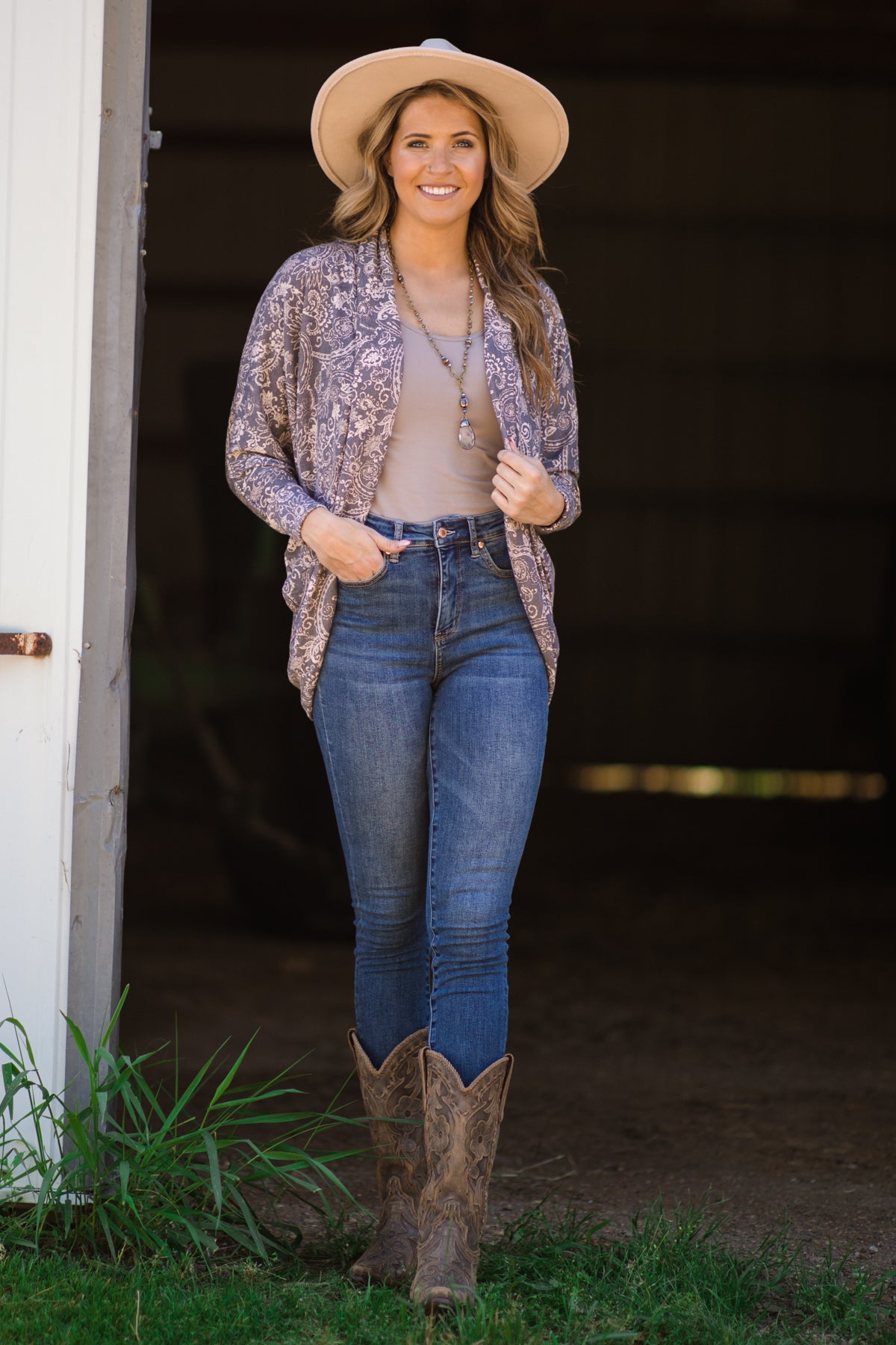Grey and Beige Paisley Print Cocoon Cardigan - Filly Flair