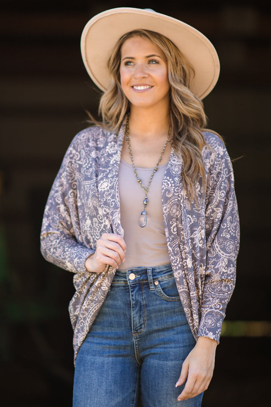 Grey and Beige Paisley Print Cocoon Cardigan - Filly Flair