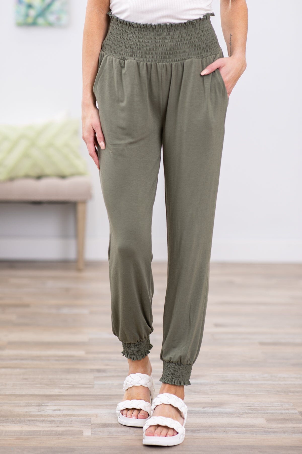Olive Smocked Waist Jogger Pants - Filly Flair