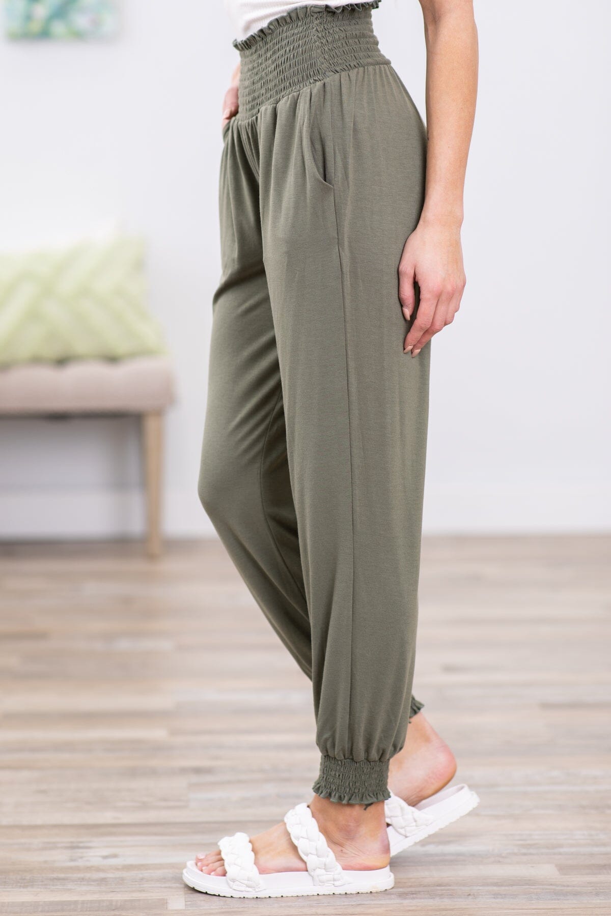 Olive Smocked Waist Jogger Pants - Filly Flair