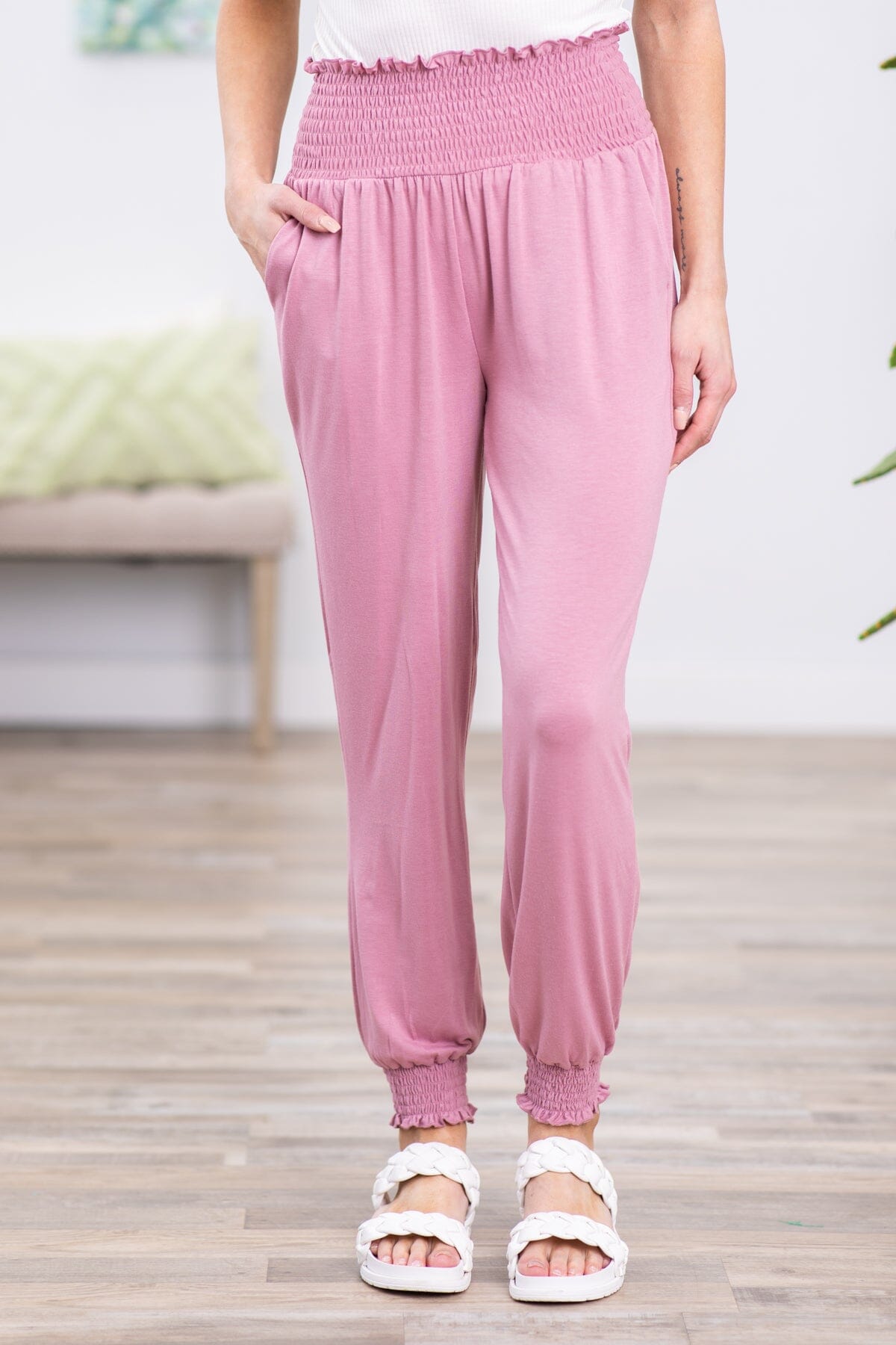 Dusty Rose Smocked Waist Jogger Pants - Filly Flair