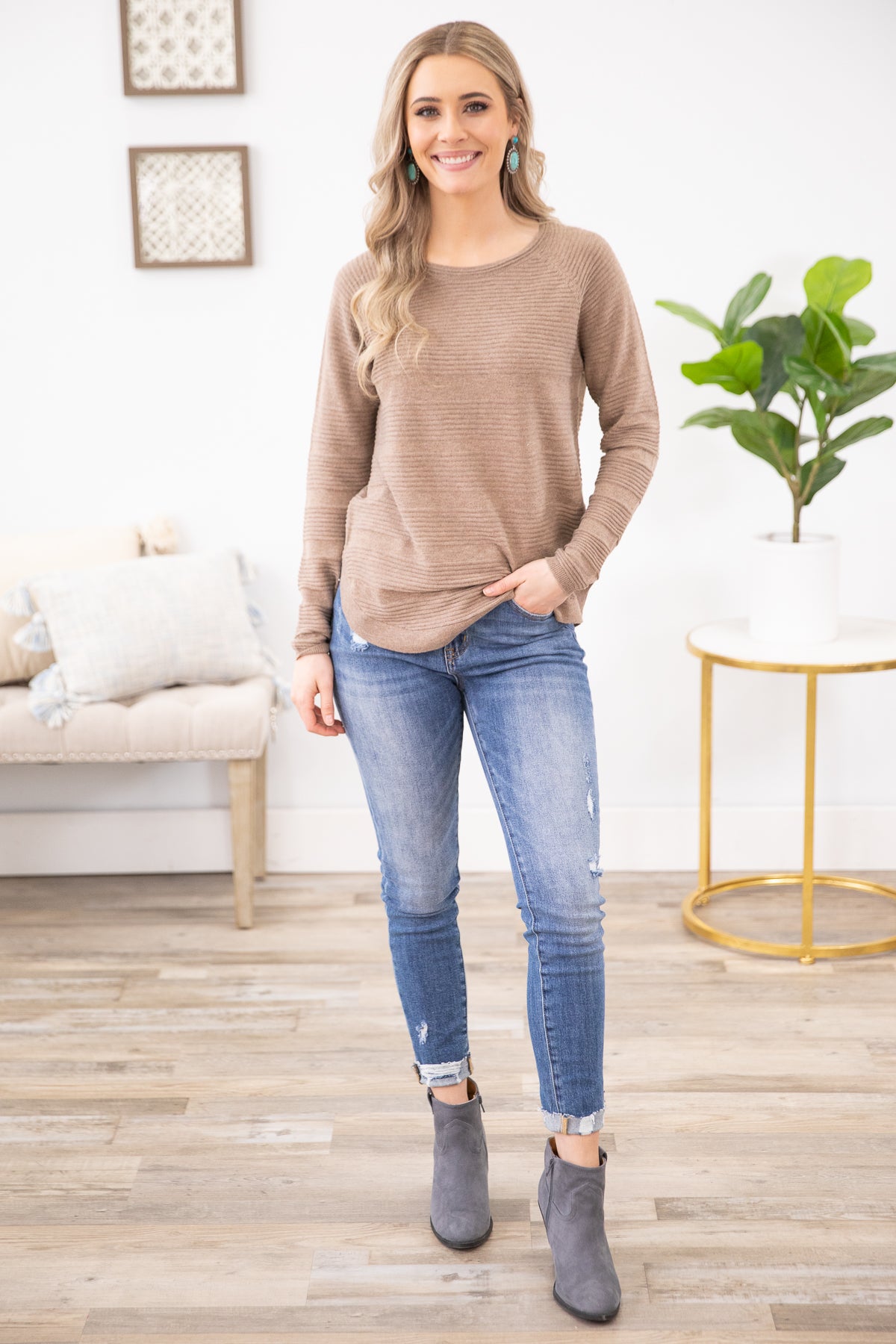 Mocha Textured Knit Long Sleeve Top - Filly Flair