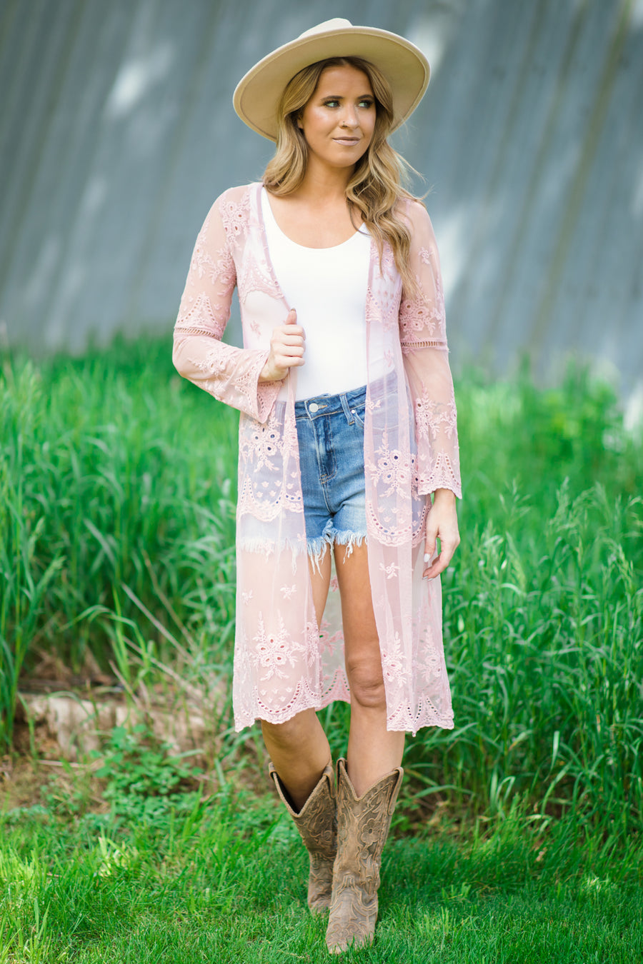 Blush Crochet Lace Mid Length Kimono - Filly Flair