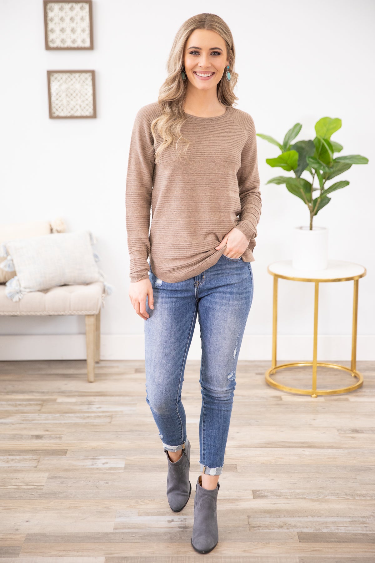 Mocha Textured Knit Long Sleeve Top - Filly Flair