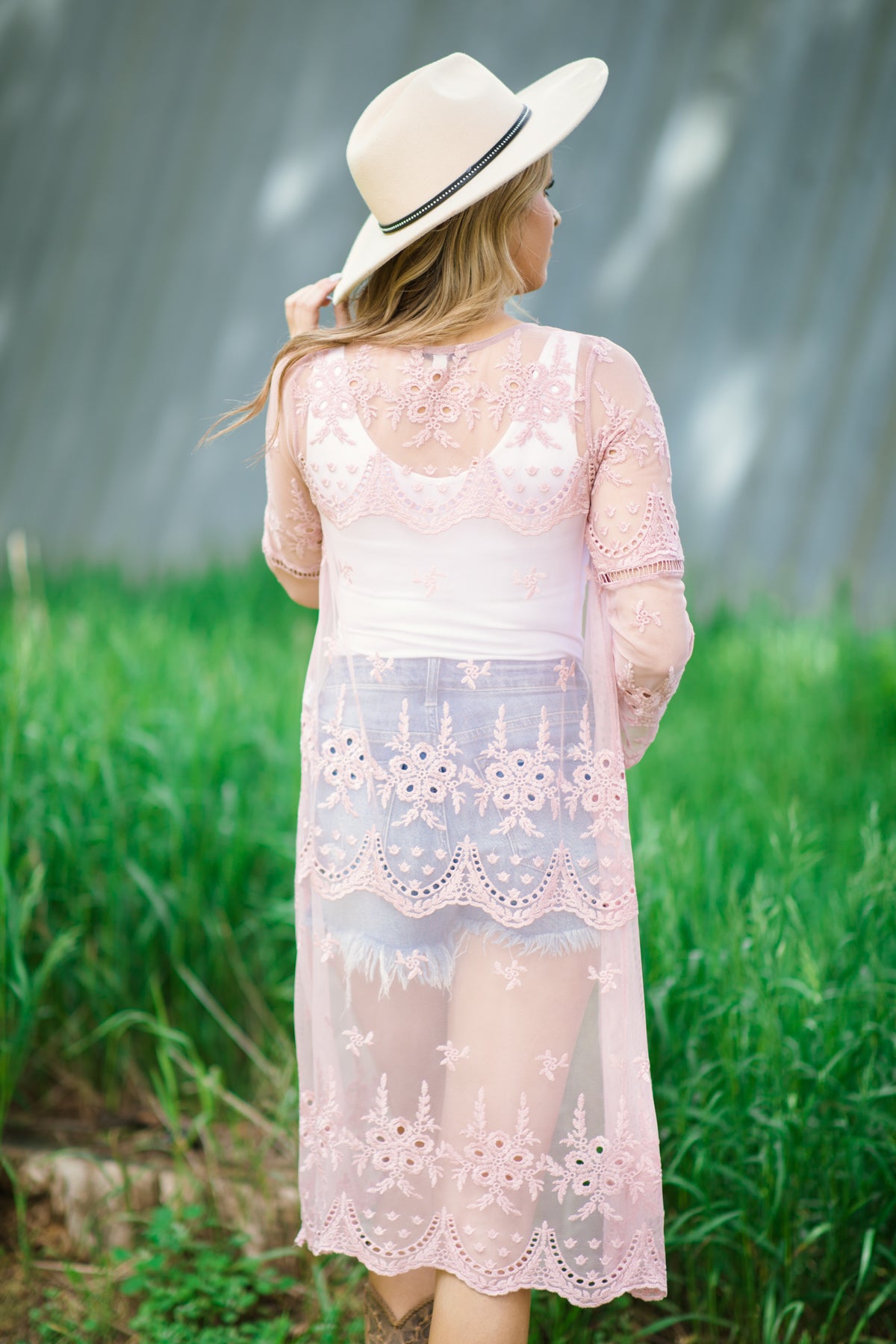 Blush Crochet Lace Mid Length Kimono - Filly Flair