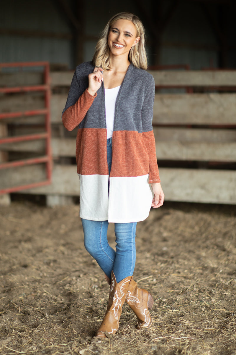 Charcoal and Rust Colorblock Cardigan - Filly Flair