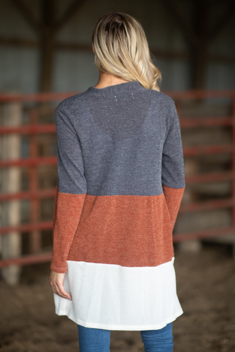 Charcoal and Rust Colorblock Cardigan - Filly Flair