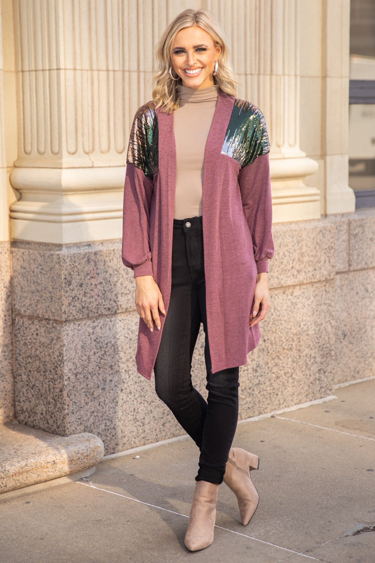 Mauve Cardigan With Sequin Shoulders - Filly Flair