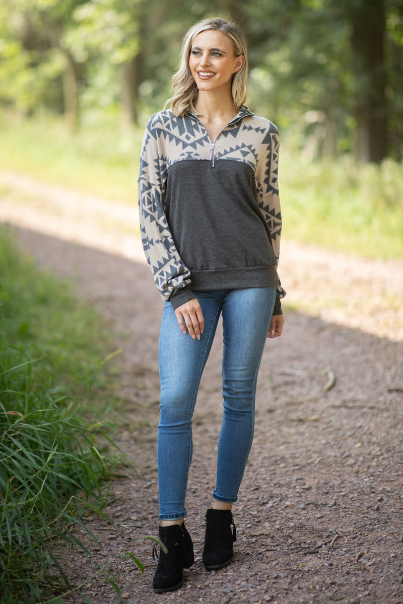 Charcoal and Beige Aztec 1/4 Zip Pullover - Filly Flair