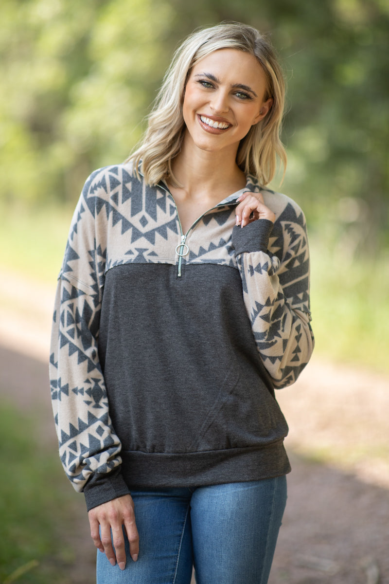 Charcoal and Beige Aztec 1/4 Zip Pullover - Filly Flair