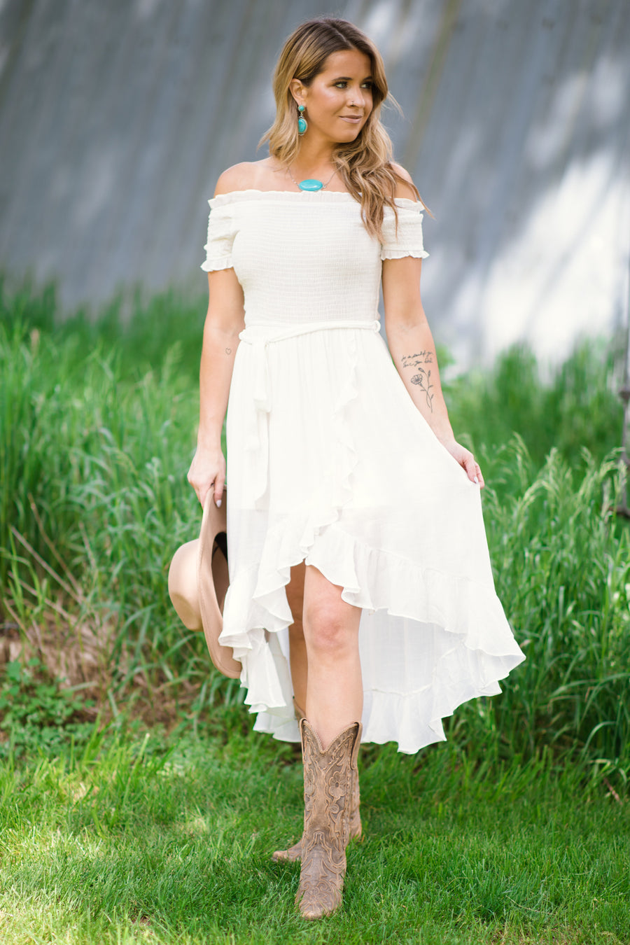 White Smocked Bodice Off The Shoulder Dress - Filly Flair