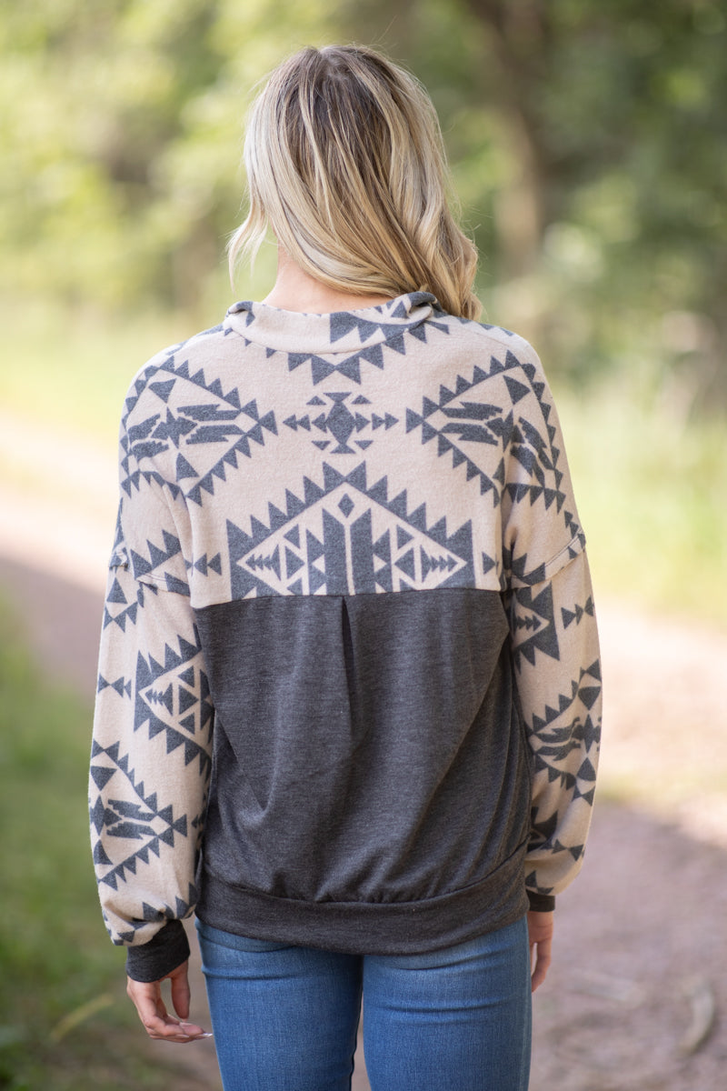 Charcoal and Beige Aztec 1/4 Zip Pullover - Filly Flair