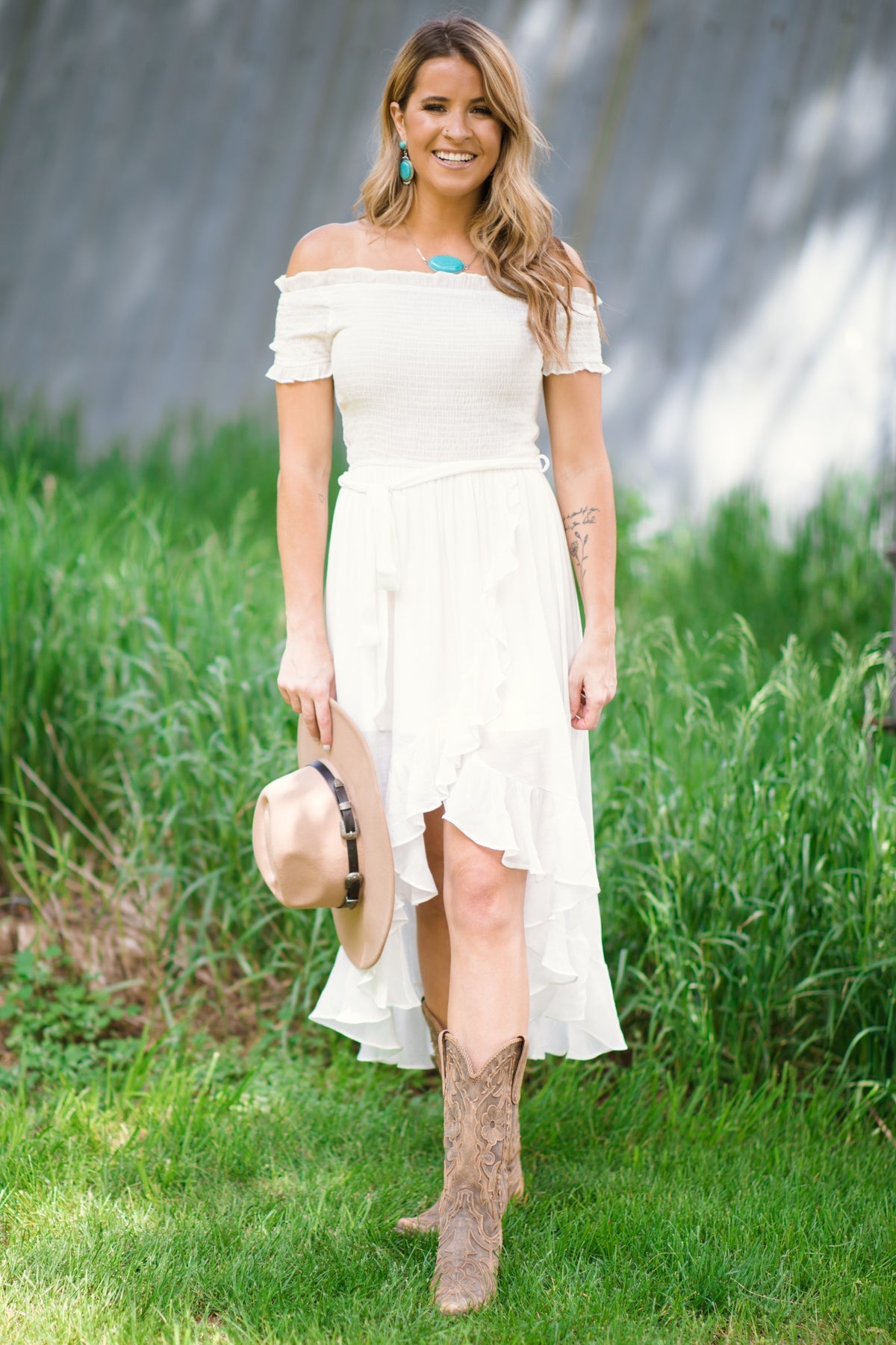 White Smocked Bodice Off The Shoulder Dress - Filly Flair