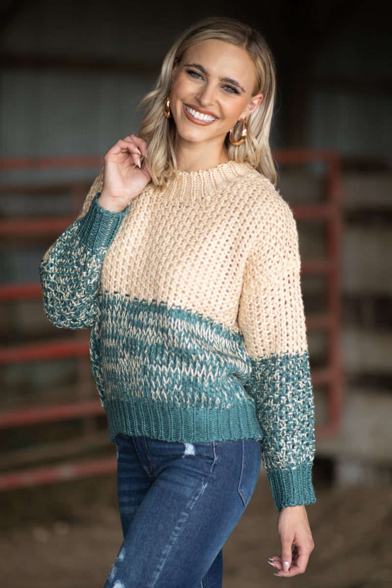 Teal and Beige Heathered Sweater - Filly Flair