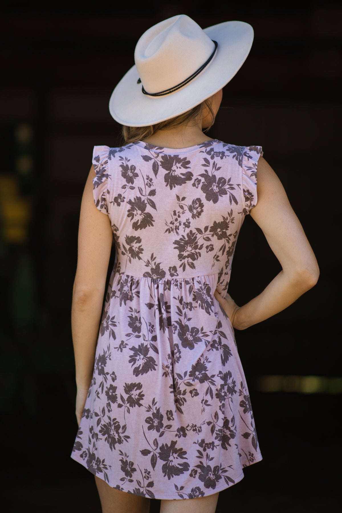 Mauve Floral Print Ruffle Sleeve Dress - Filly Flair