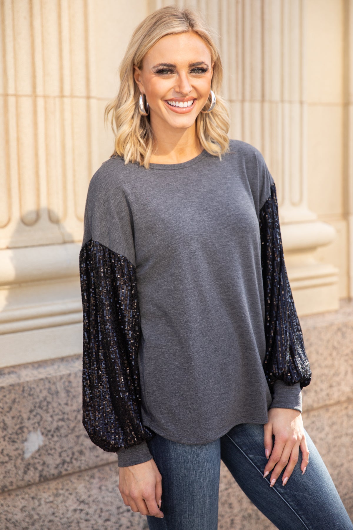 Charcoal and Black Sequin Sleeve Top - Filly Flair