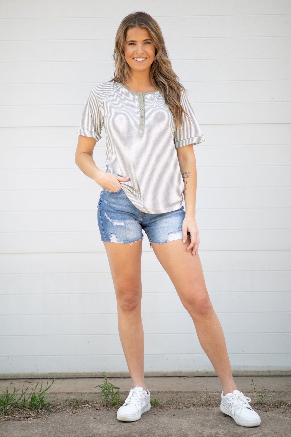 Light Olive Stripe Henley Top - Filly Flair