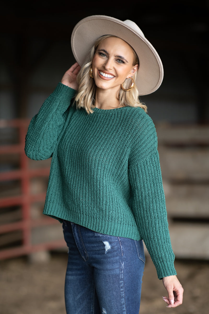 Emerald Green Rib Knit Drop Shoulder Sweater - Filly Flair