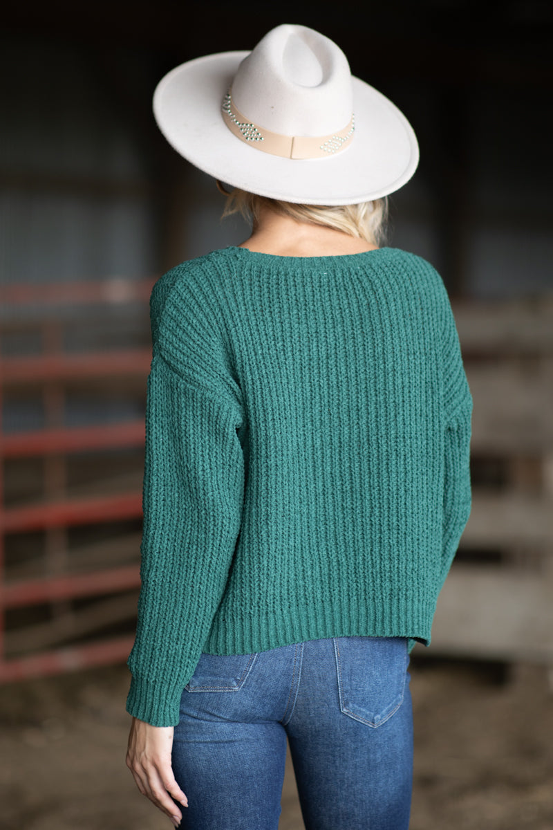 Emerald Green Rib Knit Drop Shoulder Sweater - Filly Flair
