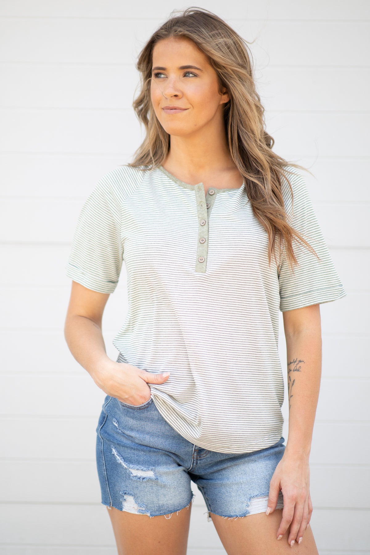 Light Olive Stripe Henley Top - Filly Flair