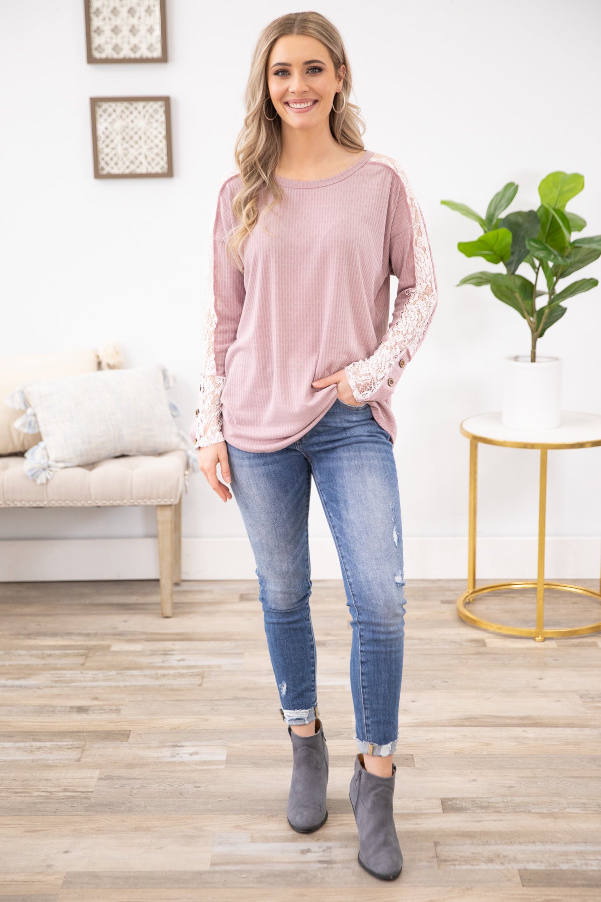 Mauve Crochet Sleeve Long Sleeve Top - Filly Flair