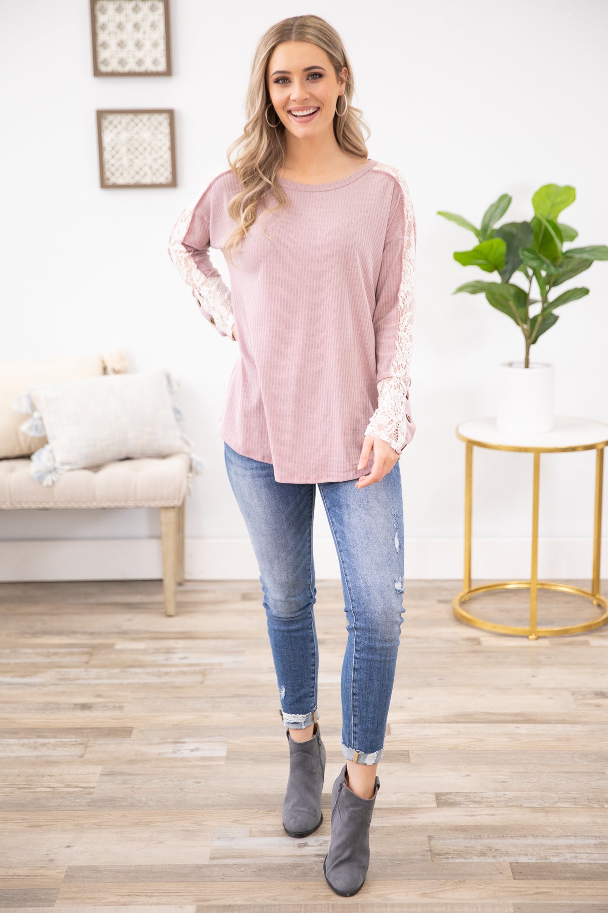 Mauve Crochet Sleeve Long Sleeve Top - Filly Flair