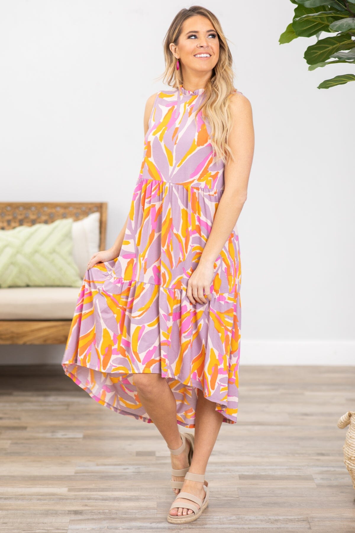 Orange and Pink Geometric Print Midi Dress · Filly Flair