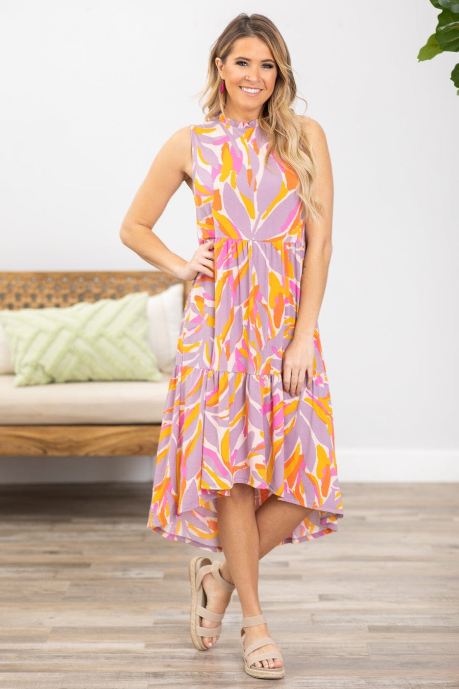 Orange and Pink Geometric Print Midi Dress - Filly Flair